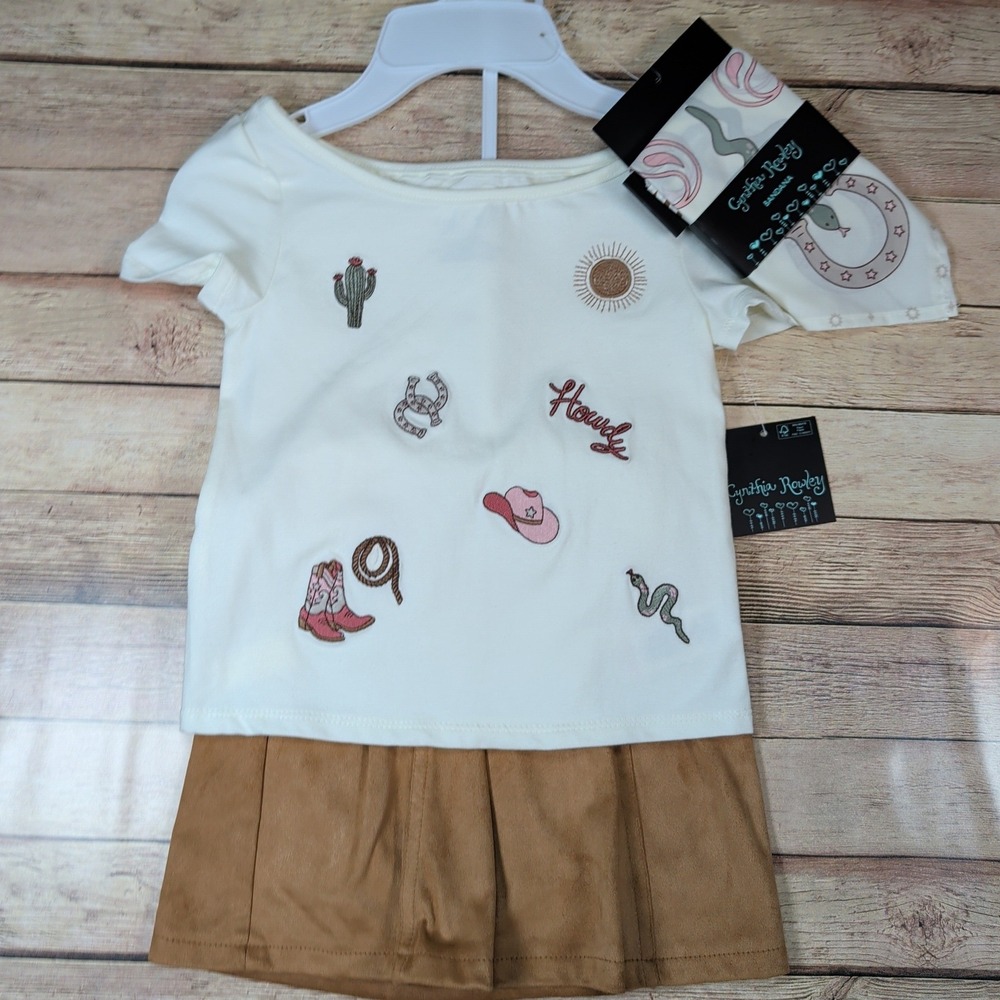 Cynthia Rowley Skirt Set Girls XS 4 Cream Tan Western Howdy Faux Suede 3pc